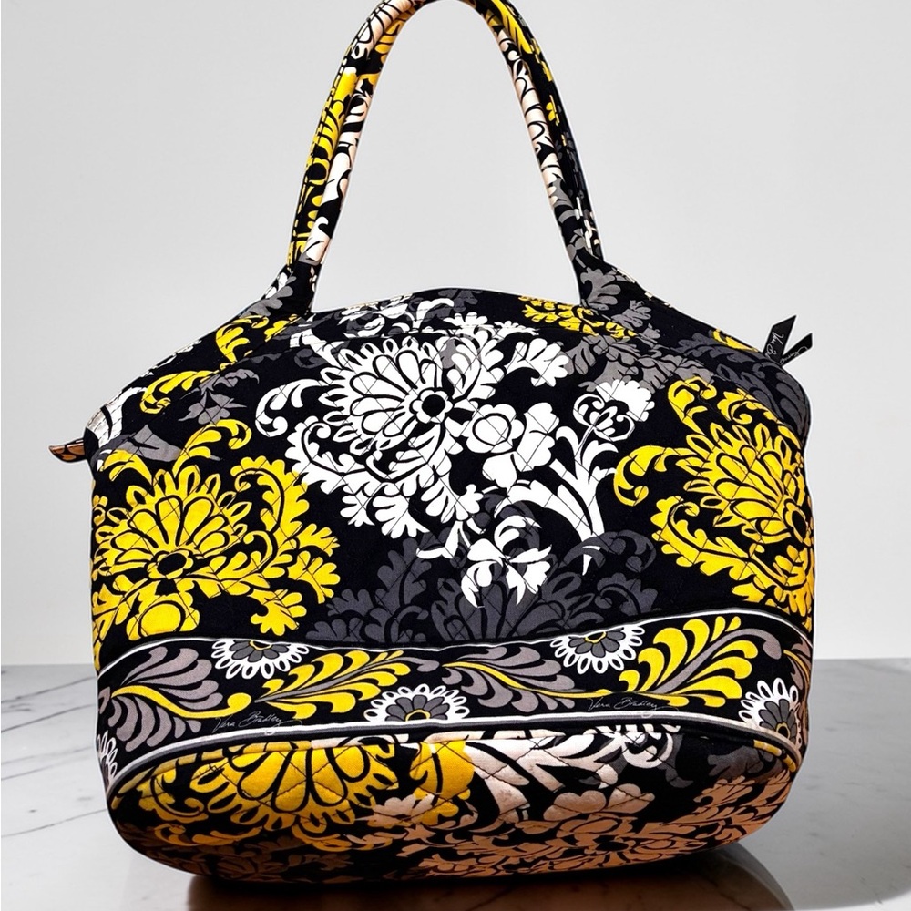 Vera Bradley Retired Lrg Quilted Floral Tote Bag Black Yellow Gray 15x11 Zip Top